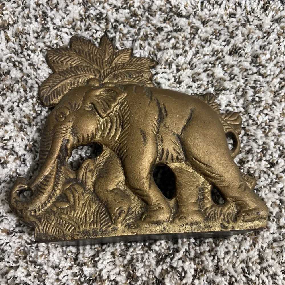Vintage Heavy Iron Gold Elephant With Palm Tree Doorstop Book End Unbranded